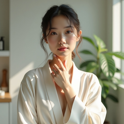 AI-generated photo: Photorealistic beauty portrait photography. The subject stands in a bright bathroom setting, visible...