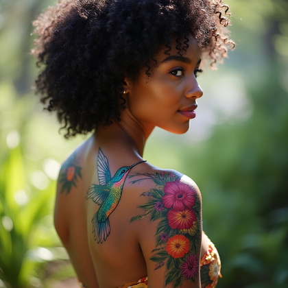 AI-generated photo: Photorealistic photography capturing a woman with a bold and colorful tattoo design that extends acr...