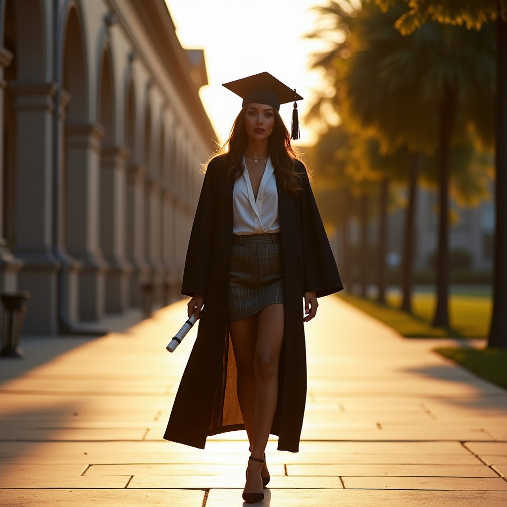 AI-generated photo: Fashion editorial photography, an elevated graduation walking portrait set during golden hour on a d...