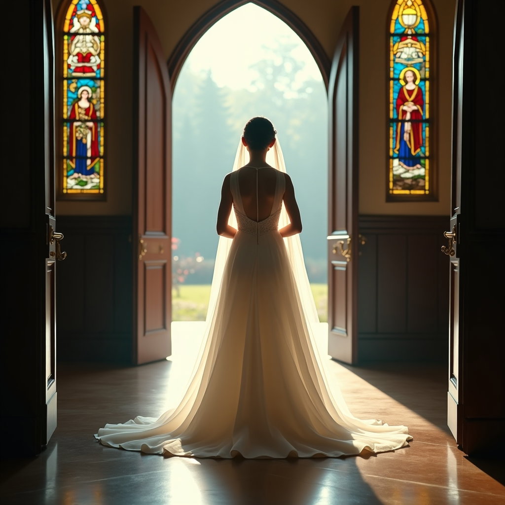 AI-generated photo: Photorealistic wedding photography at a chapel threshold, the subject pauses in the narthex for a lo...
