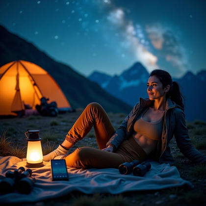 AI-generated photo: Photorealistic portrait photograph, astro explorer reclining on a blanket at a high-altitude campsit...
