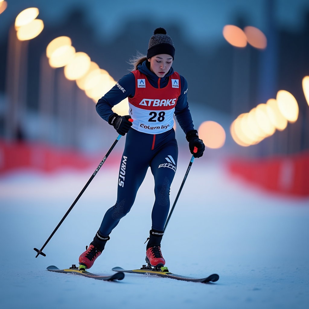 AI-generated photo: Photorealistic sports photography. A cross-country skier is captured mid-warmup on a quiet stretch o...