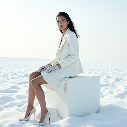 AI-generated photo: Photorealistic fashion editorial photo with the subject seated side-saddle on a low white cube in an...