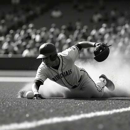 AI-generated photo: Photorealistic black-and-white sports action photo of a solo headfirst steal of third, composed from...