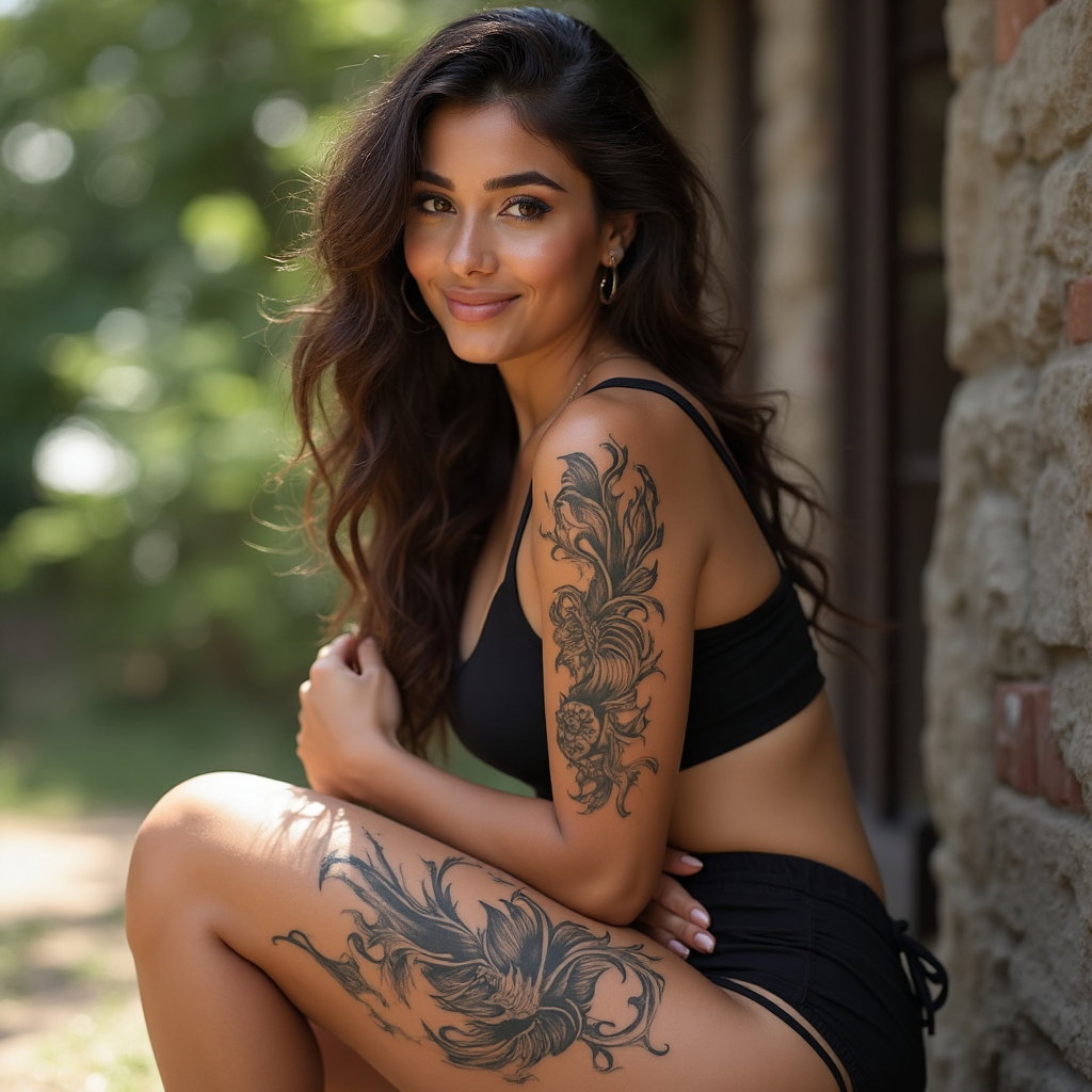 AI-generated photo: Photorealistic photography of a woman displaying a bold tribal tattoo on her thigh, featuring sharp,...