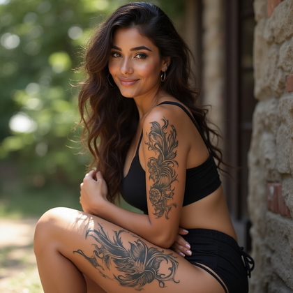 AI-generated photo: Photorealistic photography of a woman displaying a bold tribal tattoo on her thigh, featuring sharp,...
