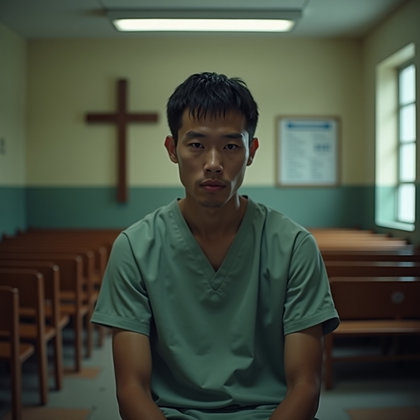 AI-generated photo: Photorealistic prison photography close-up, the subject seated in a stark prison chapel pew, torso t...