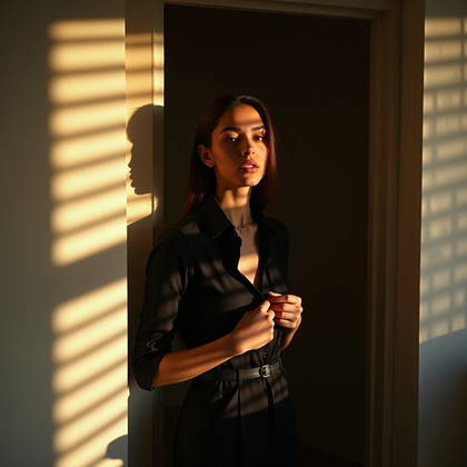 AI-generated photo: Photorealistic portrait photography. Sun-slashed modern apartment with floor-to-ceiling windows; ang...