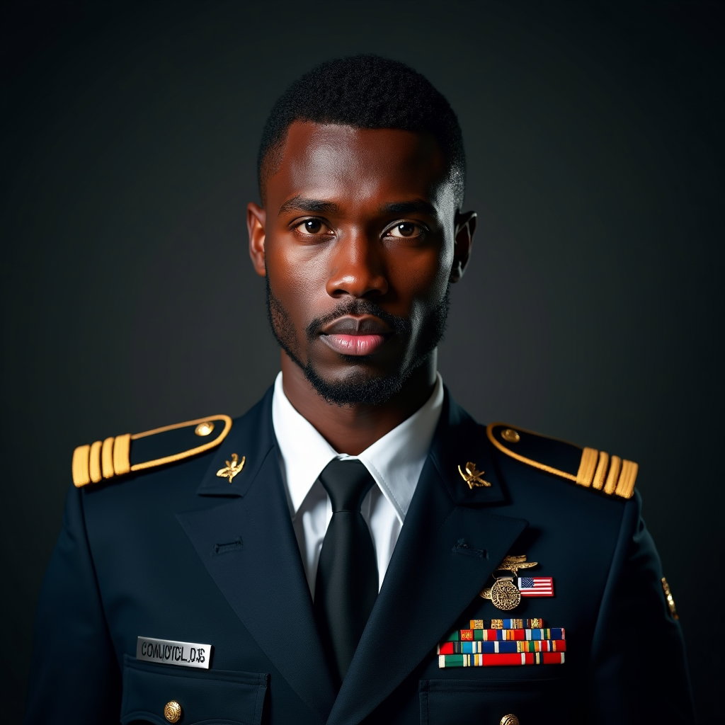 AI-generated photo: Photorealistic studio portrait photography. A sharply composed formal service portrait in dress unif...