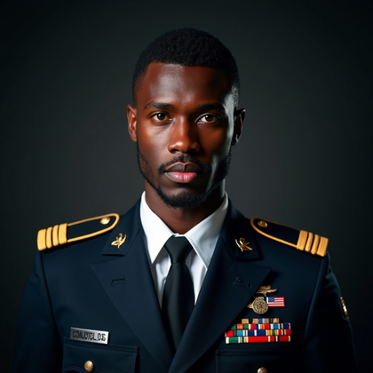 AI-generated photo: Photorealistic studio portrait photography. A sharply composed formal service portrait in dress unif...