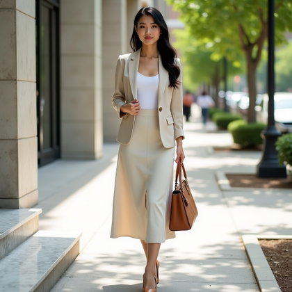 Entretien d’été en lin : portrait d’arrivée vertical aux trois quarts sur un trottoir urbain ombragé, à côté de marches en marbre d’un immeuble de bureaux et de verdure estivale.
