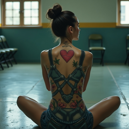 AI-generated photo: Photorealistic prison portrait photograph, the person sitting cross-legged on the floor of an empty ...