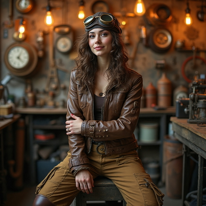 AI-generated photo: Cosplay photo featuring a whimsical steampunk aviator, dressed in a vintage-inspired pilot's outfit ...