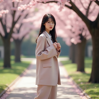 AI-generated photo: Fashion editorial photography, a solo subject standing along a quiet sakura-lined path in a modern J...