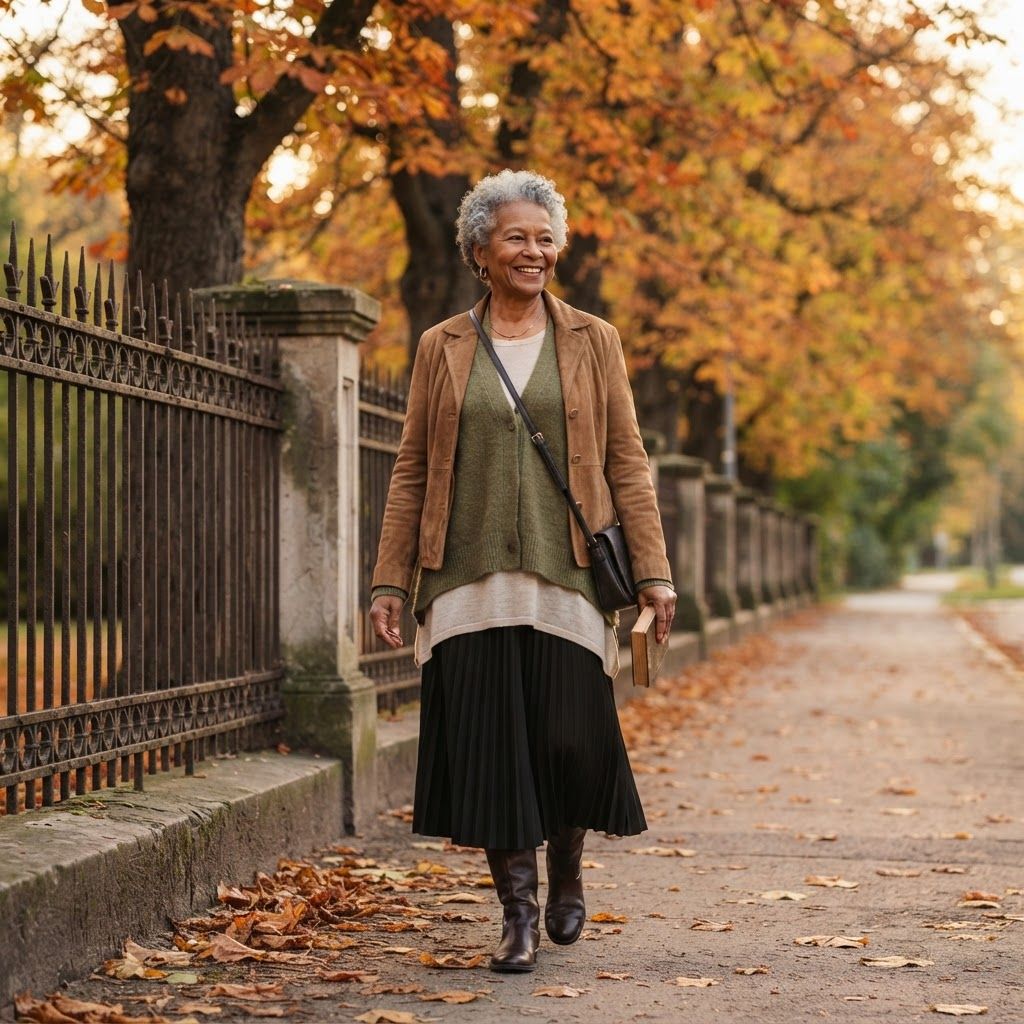Soft Layers on a Leaf-Strewn Walk: Relaxed three-quarter-front walking portrait beside an iron fence and a row of autumn trees.
