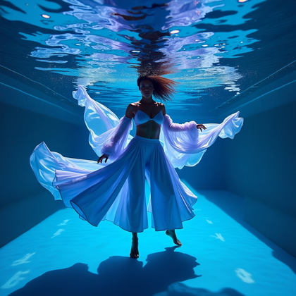 AI-generated photo: Photorealistic underwater fashion photography, dramatic full-body portrait in a deep hotel pool wher...