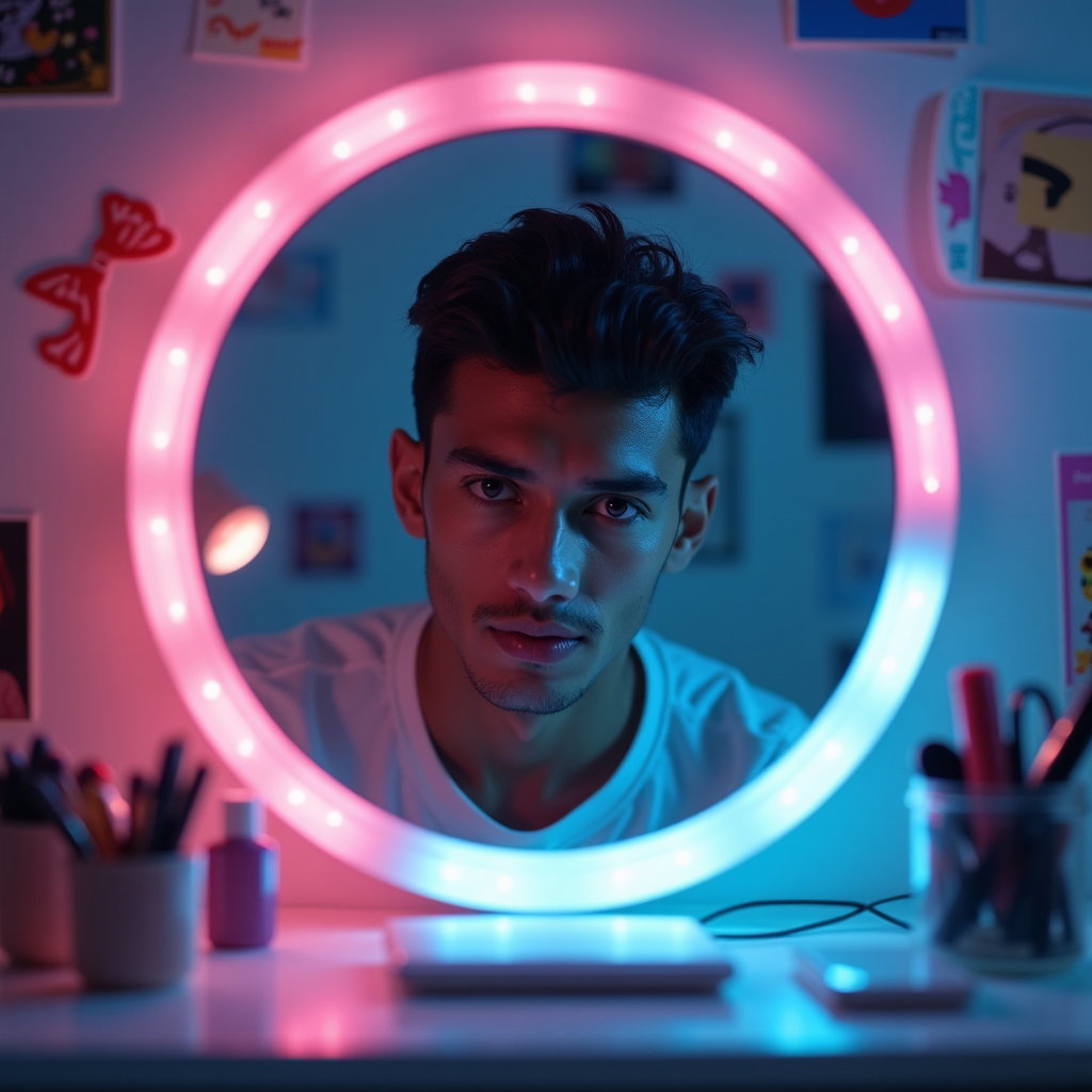 Dreamy Bedroom Pop Album Cover Photos example: Photorealistic bedroom pop album cover photo. Profile/avatar-style tight crop with the subject framed inside a round van