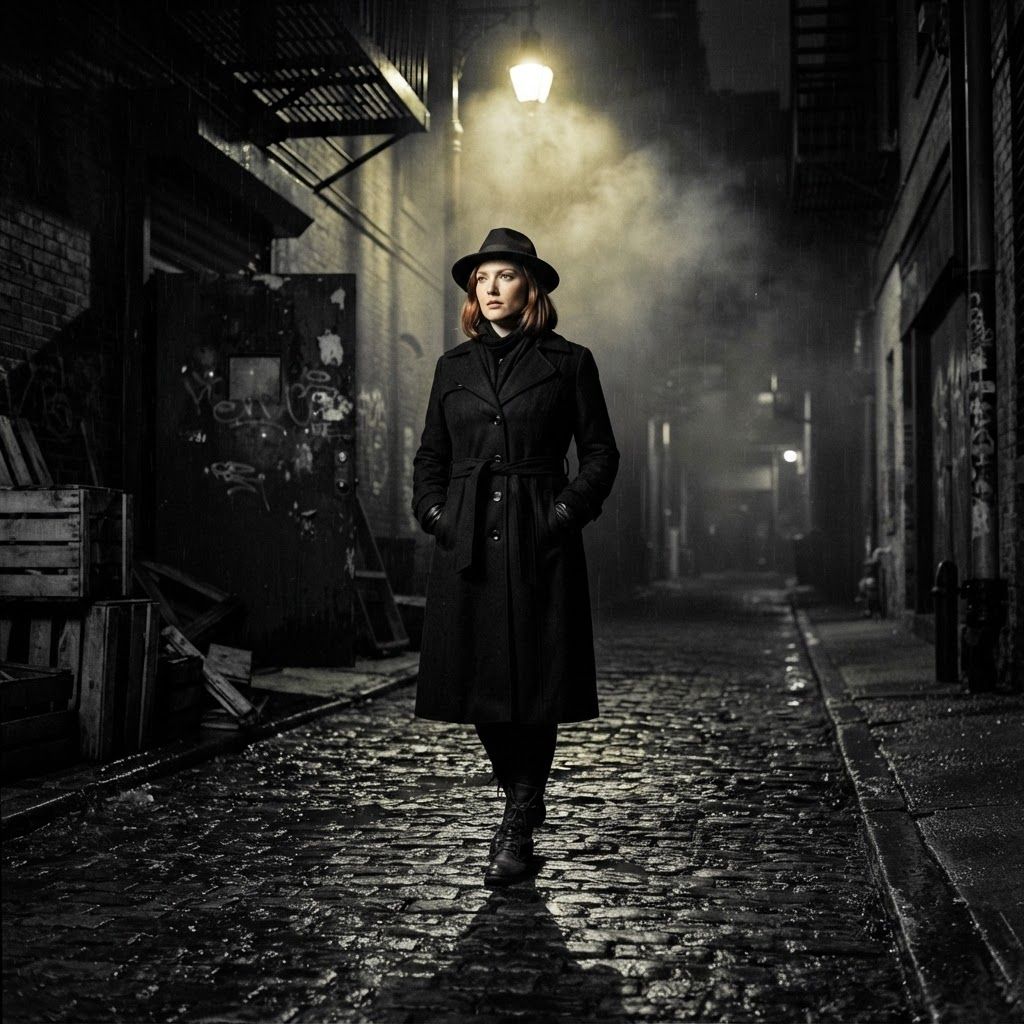 Rainy Alley Stakeout: Full-body nighttime alley stakeout with a lone subject centered at the edge of a cone of streetlight, hands deep in coat pockets, one foot…