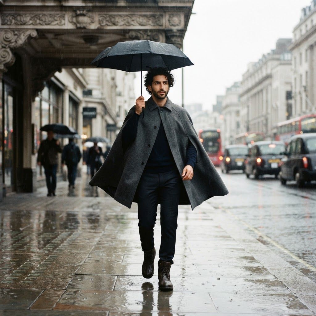 Rain-Swept Cape Commute: Full-length editorial portrait at the edge of a deep stone-building awning during a downpour.