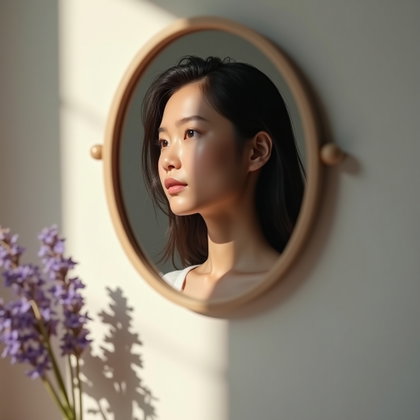 Mirror Reflection Poetcore Portrait With a Handwritten Letter example: Photorealistic profile portrait photography, a clean avatar-style crop focused tightly on the subject’s reflected face i