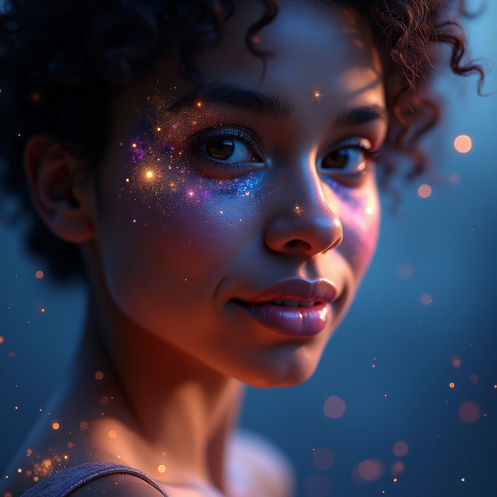 AI-generated photo: Photorealistic intimate cosmic portrait photography. A horizontal close-up fills the frame with the ...