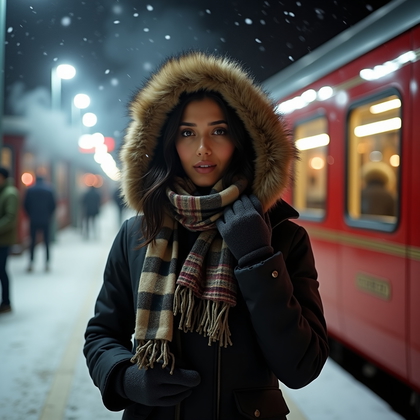 AI-generated photo: Photorealistic lifestyle portrait. On a snowy train platform beside a vintage red railcar, a billow ...