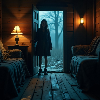 Cabin Doorway Final Stand example: Cinematic horror portrait photo. Environmental portrait from inside a rustic cabin, showing the subject near the doorway