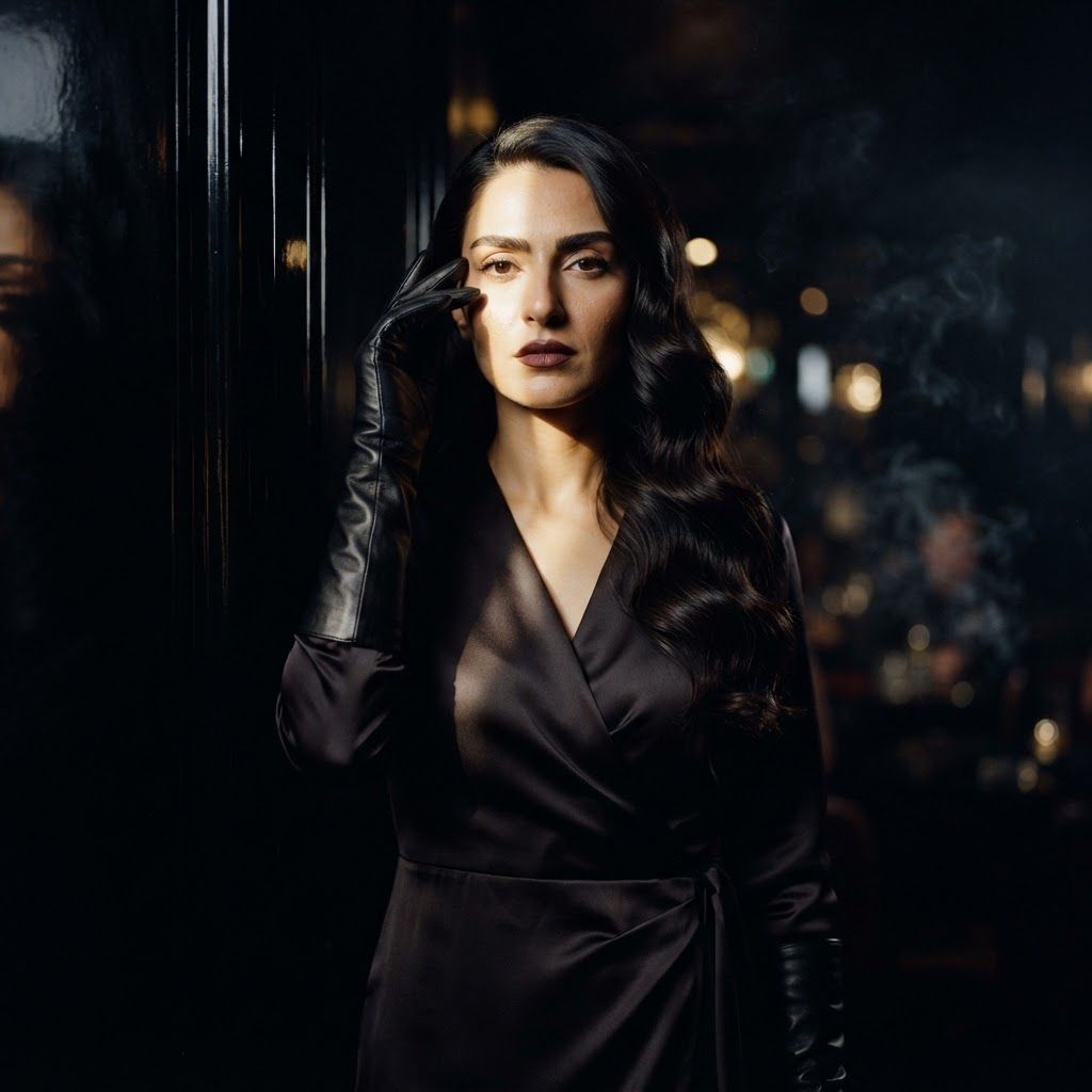 Femme Fatale Gaze: Photorealistic three-quarter portrait of one subject standing beside a dark lacquered wall, wearing a satin wrap dress, dark lipstick, and…