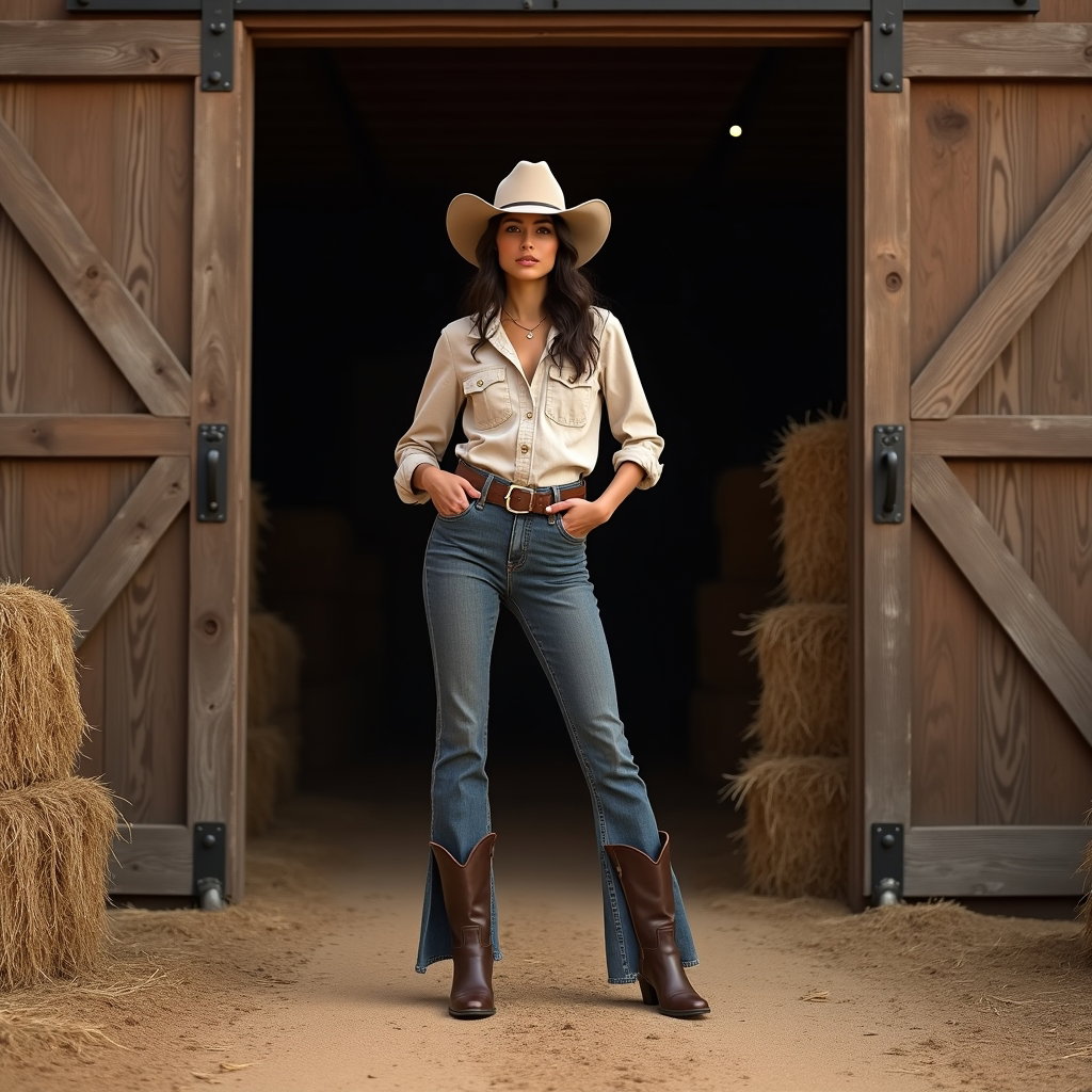 AI-generated photo: Photorealistic fashion portrait photography. A modern cowboy fashion portrait captured in front of t...