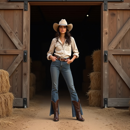 AI-generated photo: Photorealistic fashion portrait photography. A modern cowboy fashion portrait captured in front of t...