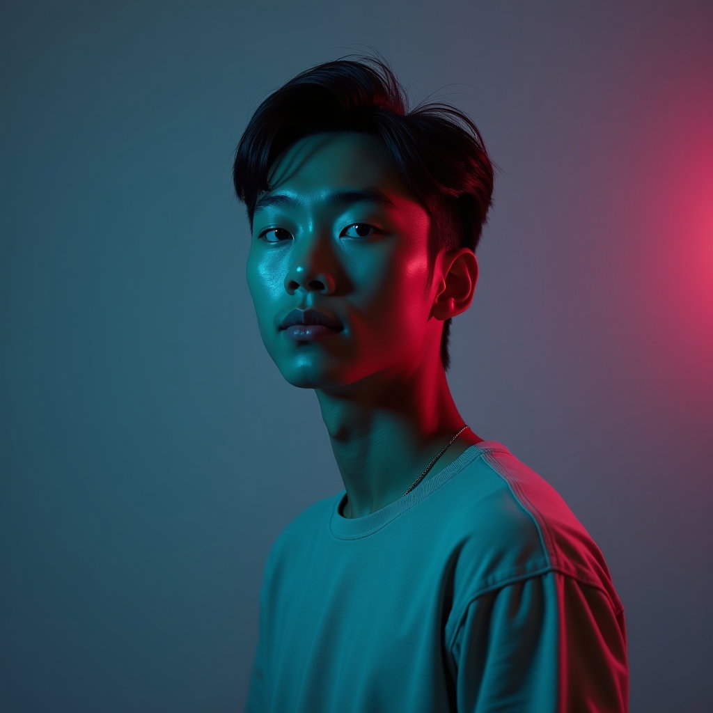 AI-generated photo: Photorealistic studio portrait. The subject stands relaxed with one shoulder slightly closer to came...