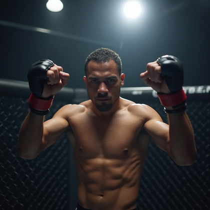 AI-generated photo: **Photorealistic professional photography.** The scene captures a UFC fighter executing a striking p...