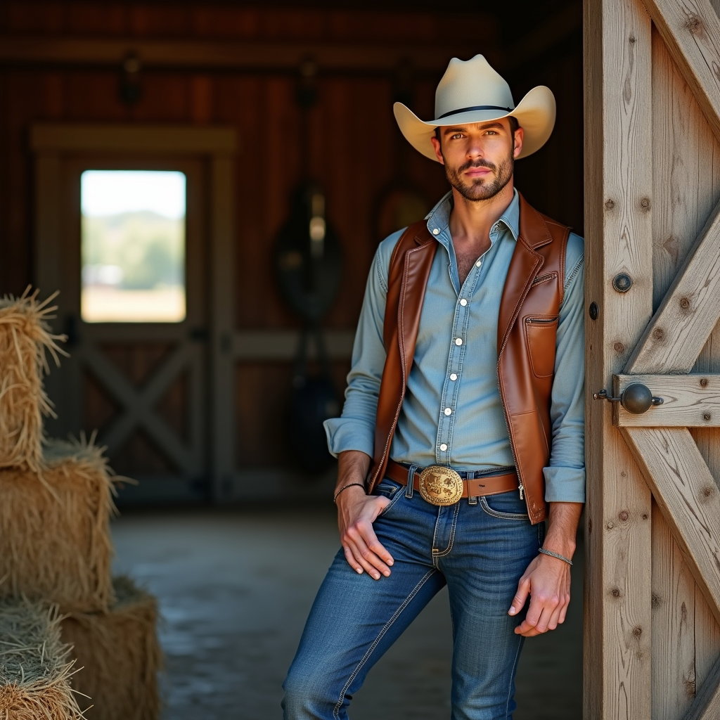AI-generated photo: Photorealistic fashion portrait photography. A stylish stable portrait with the subject standing cen...