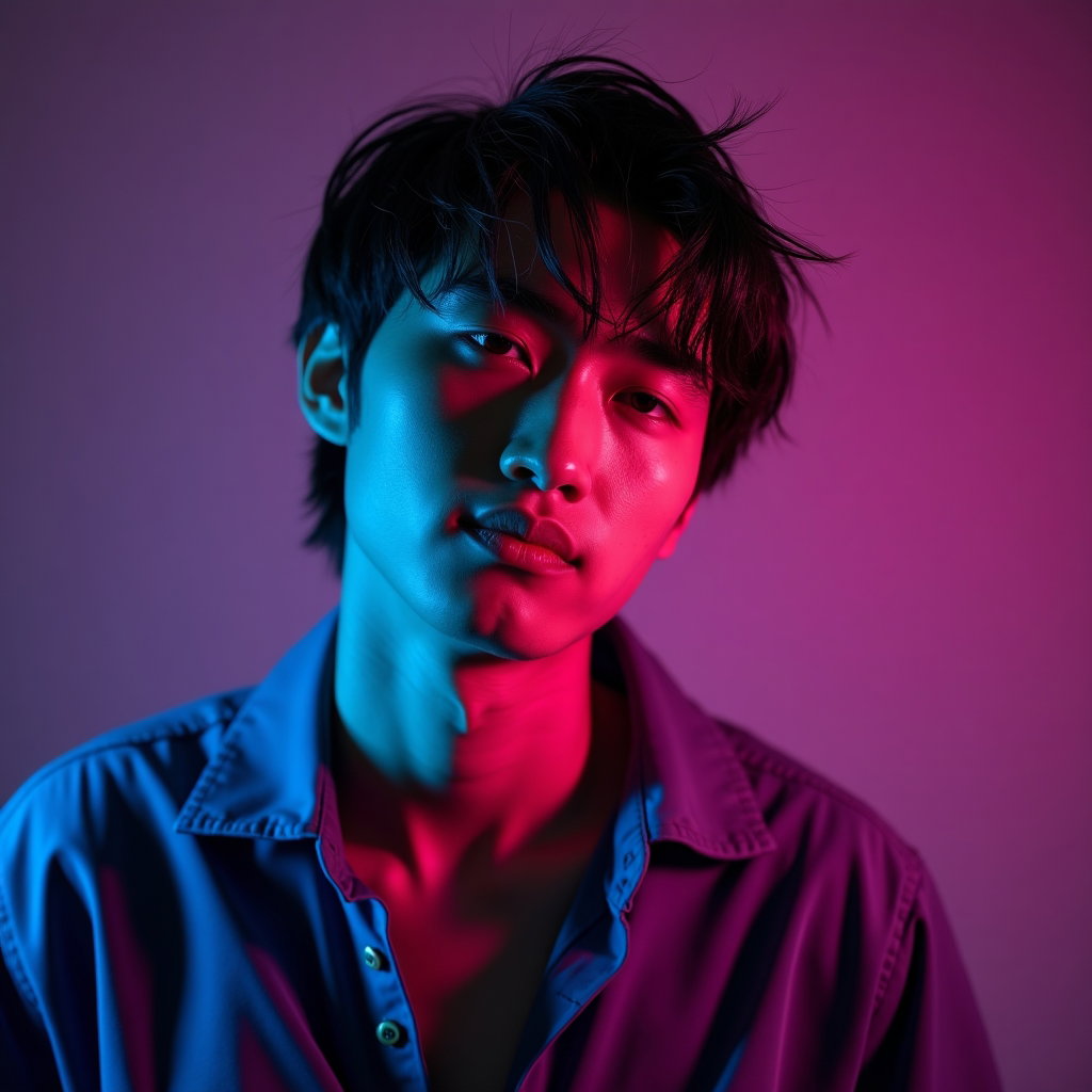 AI-generated photo: Photorealistic studio portrait photograph of a person in a close-up frontal composition, shoulders s...