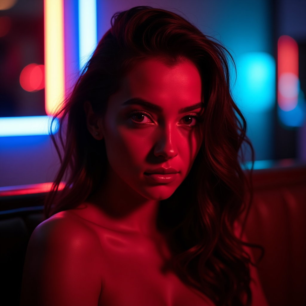 AI-generated photo: Photorealistic beauty portrait photograph, mid-close-up in a dim interior bar or lounge setting wher...