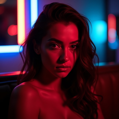 AI-generated photo: Photorealistic beauty portrait photograph, mid-close-up in a dim interior bar or lounge setting wher...
