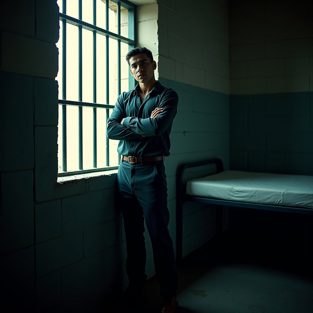 AI-generated photo: Photorealistic intimate prison cell photography, subject standing at the barred window with back lig...