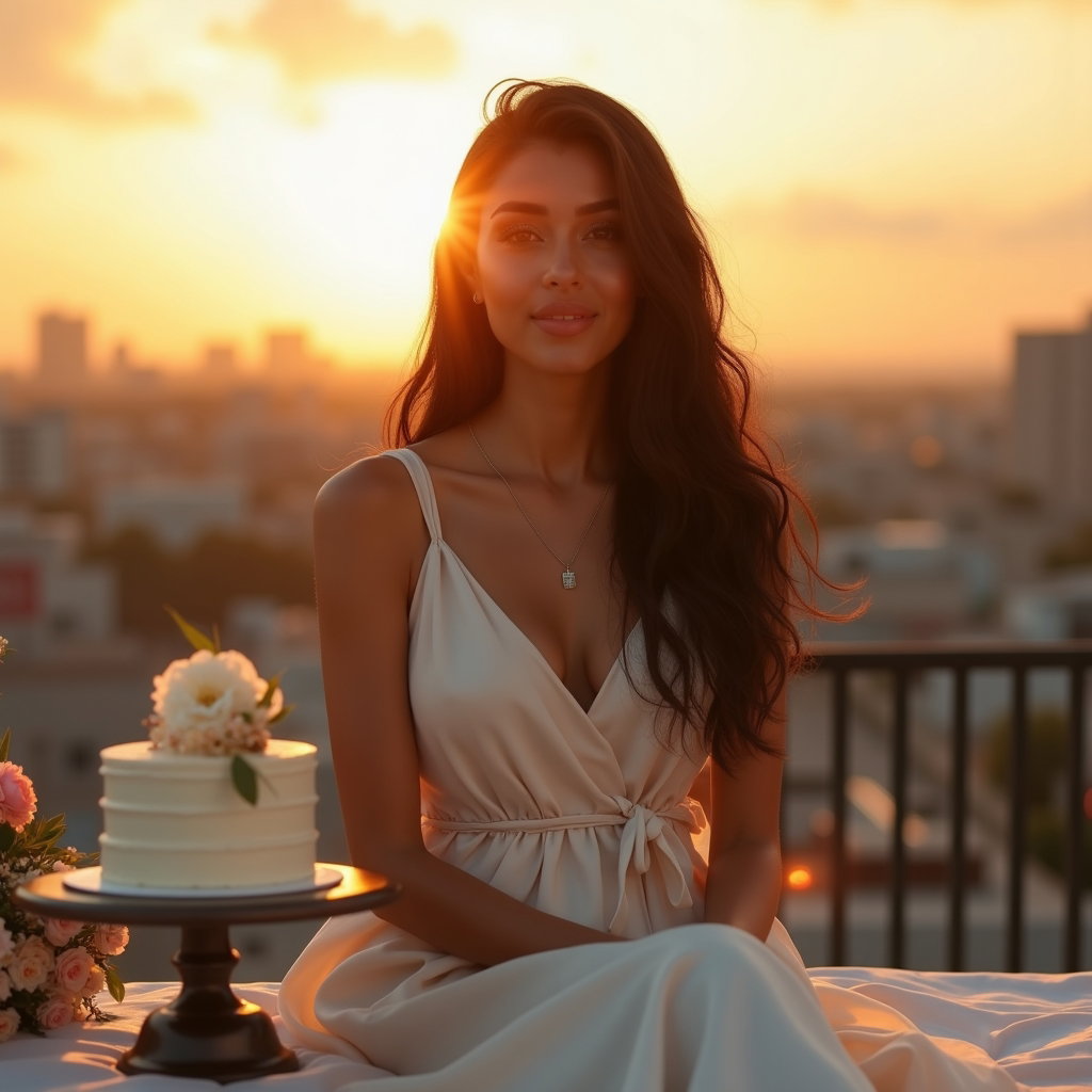 Golden Hour Outdoor Birthday Photos example: Photorealistic portrait photography. Environmental birthday portrait on a rooftop or scenic overlook at golden hour, sea