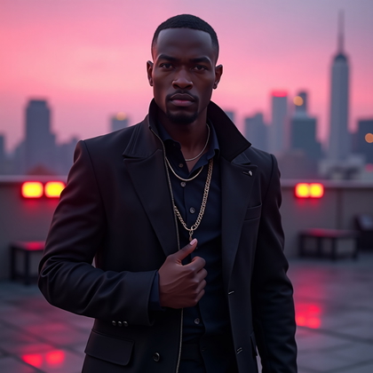 AI-generated photo: Cinematic photorealistic portrait photo of an urban antihero standing on a rooftop helipad at dusk w...