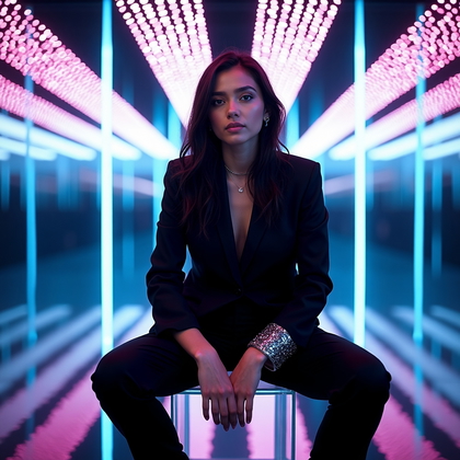 Photobooth portrait photo: futuristic infinity-room with mirrored walls and an LED pixel-ceiling creating kaleidoscopic reflections, the subject seated on a clear acrylic cube centered on a reflective floor for symmetrical balance; magenta-cyan cross-gels define the silhouette while a neutral beauty key ensures clean color on the face, which is fully visible with confident, alluring focus. A light haze softens the LEDs into creamy bokeh trails, and careful flagging prevents stray reflections from obscuring features, keeping the visage crisp and commanding. Hands are lightly clasped at knee level for composed confidence, chin slightly elevated, shoulders relaxed, and posture tall without tension. Wardrobe is a matte-black tailored suit with a glossy acrylic cuff bracelet to echo the set materials, maintaining a sleek, gender-fluid edge. The frame is waist-up in portrait orientation with precise symmetry, while subtle lens flare simulation adds a premium editorial sheen without compromising facial clarity.