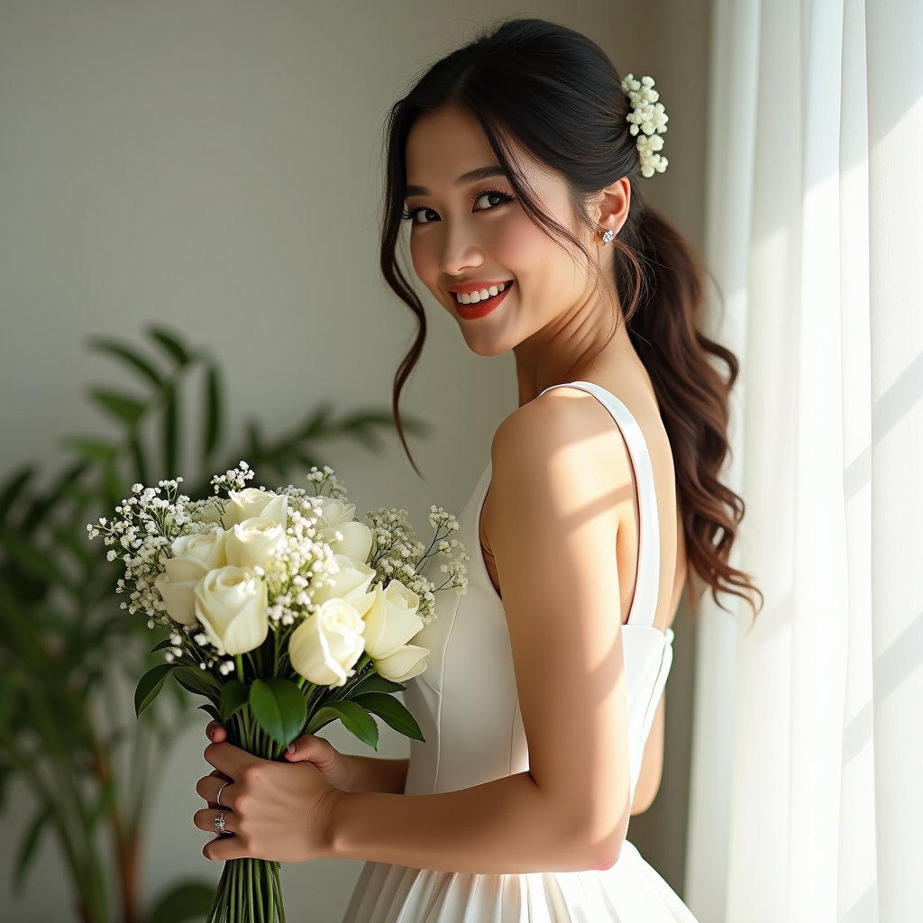 AI-generated photo: Photorealistic wedding photography of a vertical portrait in soft natural daylight with the bouquet ...