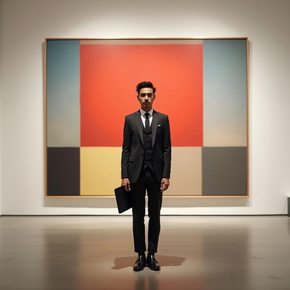AI-generated photo: Photorealistic editorial portrait photo in a contemporary art museum gallery, the subject positioned...