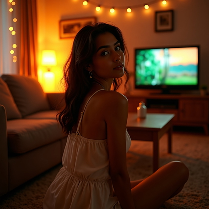 AI-generated photo: Photorealistic beauty portrait photograph in a cozy living room at sunset, with the subject seated o...