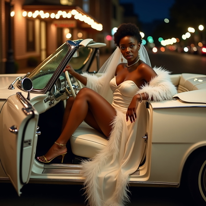 AI-generated photo: Photorealistic bridal boudoir photograph: nighttime scene inside a classic white convertible parked ...