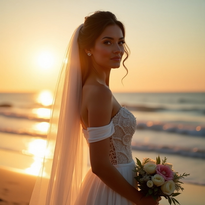 AI-generated photo: Photorealistic wedding photography: golden-hour beach scene with the sun dropping to the horizon beh...