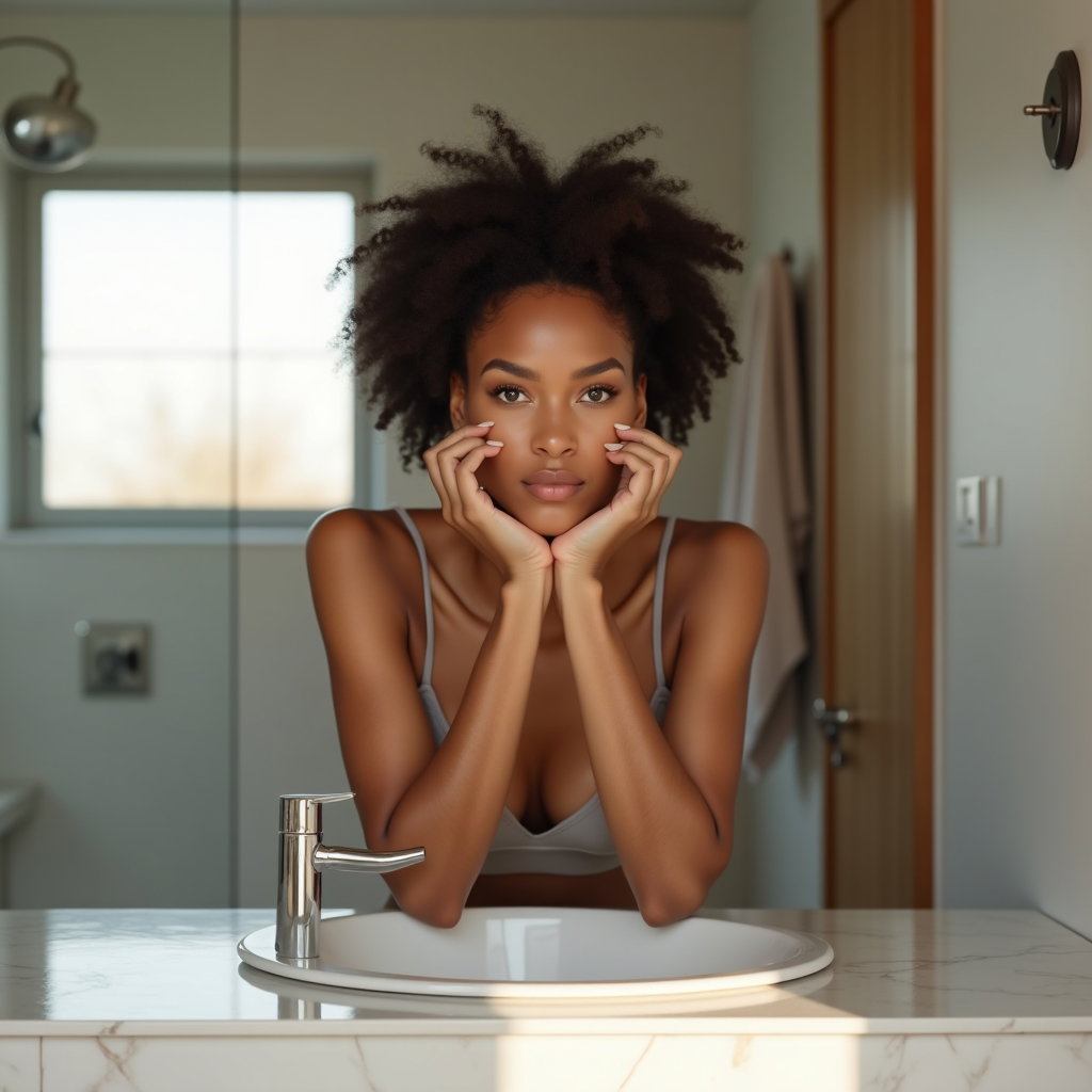 AI-generated photo: Photorealistic beauty portrait photography. The subject is captured at a sink vanity in a modern, mi...