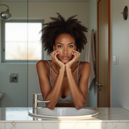 AI-generated photo: Photorealistic beauty portrait photography. The subject is captured at a sink vanity in a modern, mi...