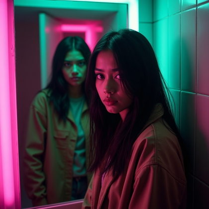 Neon Motel Hallway Survivor Portrait example: Cinematic horror portrait photo. Unexpected creative variation using a motel bathroom mirror reflection: the subject’s f