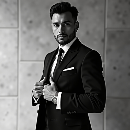 AI-generated photo: Photorealistic black-and-white editorial wedding portrait. Against a textured plaster wall with subt...