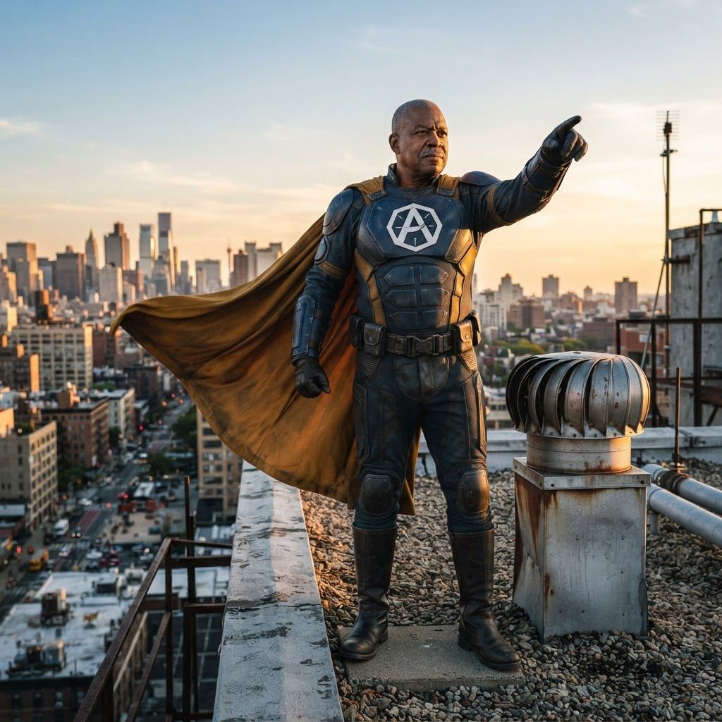 Comic-Book Superhero Above the City: Photorealistic rooftop costume portrait in warm late-afternoon light.